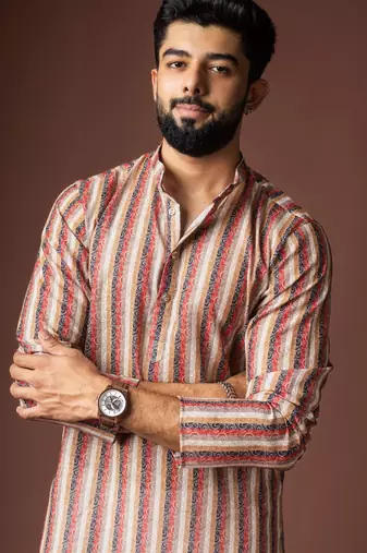 Multicolor blended linen printed stylish kurta payjama for mens'