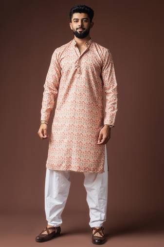Peach color blended linen fabric designer printed festive wear men's kurta payjama