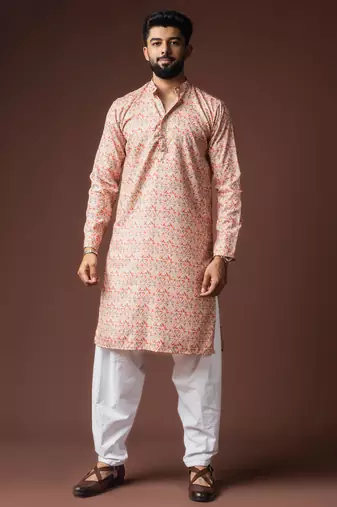 Peach color blended linen fabric designer printed festive wear men's kurta payjama