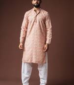 Peach color blended linen fabric designer printed festive wear men's kurta payjama