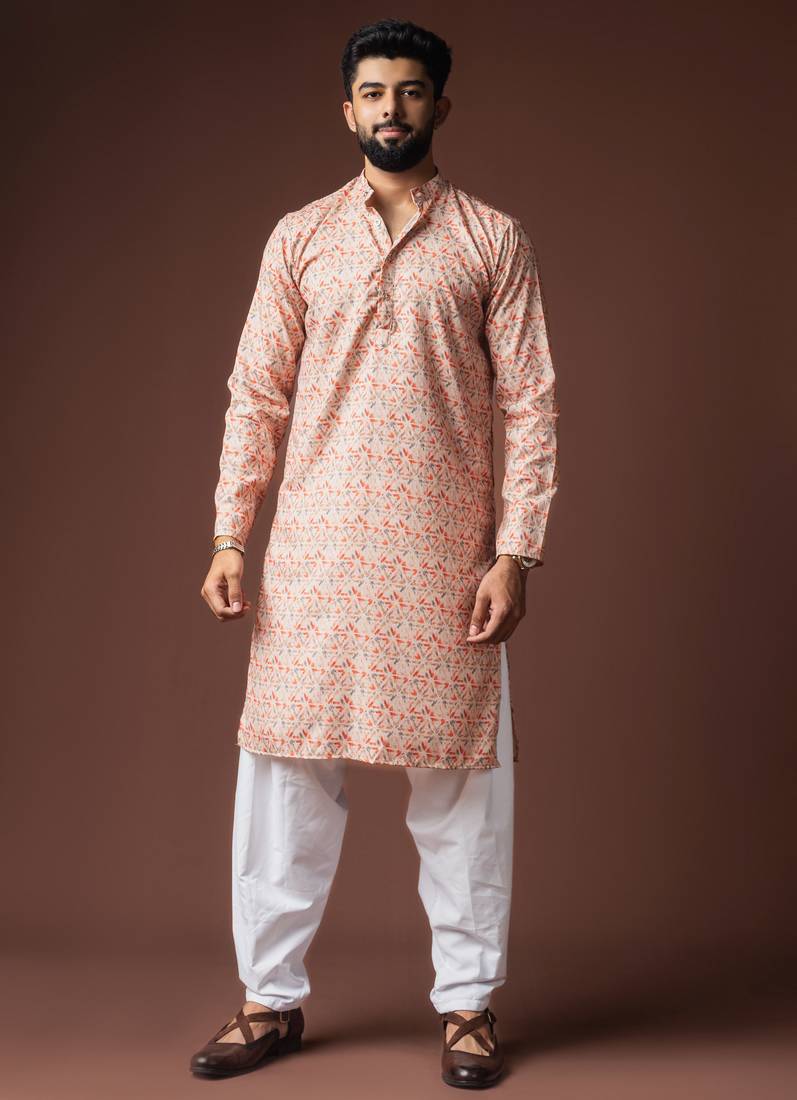 Peach color blended linen fabric designer printed festive wear men's kurta payjama