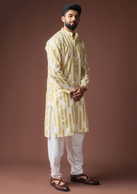 Mustard color blended linen fabric printed festive wear men's kurta payjama 5