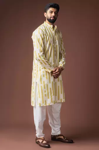 Mustard color blended linen fabric printed festive wear men's kurta payjama