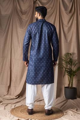 Blue color blended linen printed stylish kurta payjama for mens' 2
