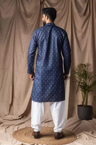 Blue color blended linen printed stylish kurta payjama for mens'