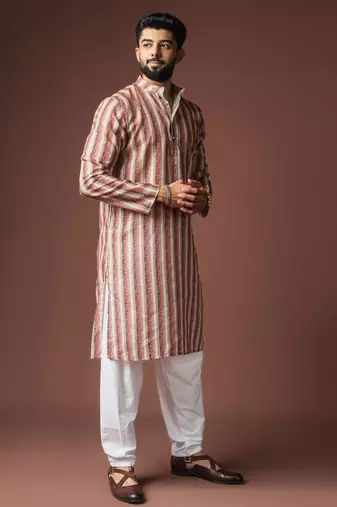 Multicolor blended linen printed stylish kurta payjama for mens'