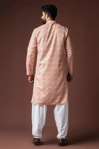 Peach color blended linen fabric printed festive wear men's kurta payjama