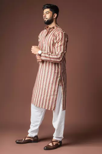 Multicolor blended linen printed stylish kurta payjama for mens'