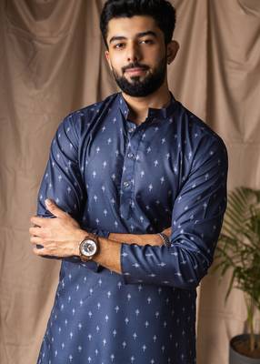 Blue color blended linen printed stylish kurta payjama for mens' 3
