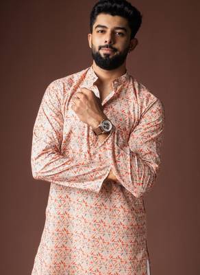 Peach color blended linen fabric printed festive wear men's kurta payjama 3