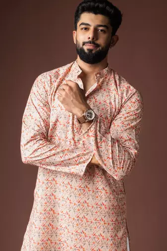 Peach color blended linen fabric printed festive wear men's kurta payjama