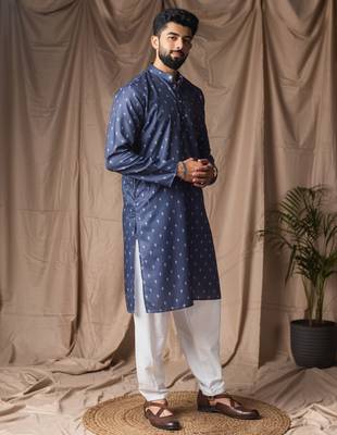 Blue color blended linen printed stylish kurta payjama for mens' 4