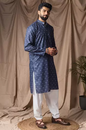 Blue color blended linen printed stylish kurta payjama for mens'