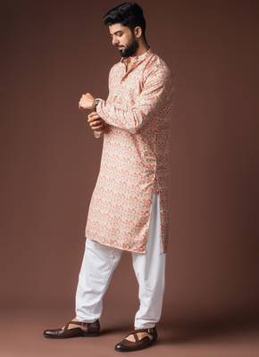 Peach color blended linen fabric printed festive wear men's kurta payjama 4
