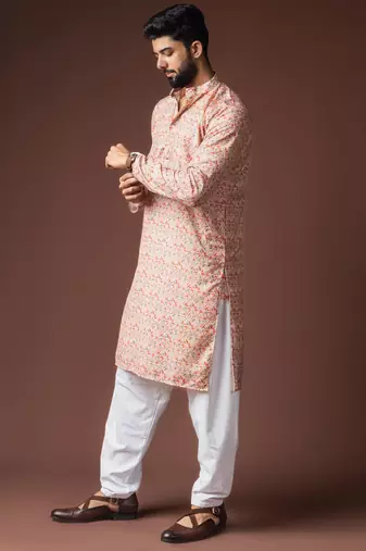 Peach color blended linen fabric printed festive wear men's kurta payjama