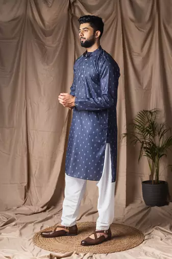 Blue color blended linen printed stylish kurta payjama for mens'