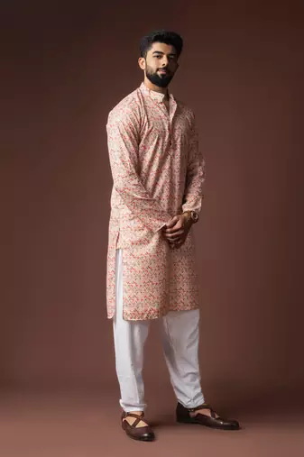 Peach color blended linen fabric printed festive wear men's kurta payjama