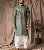 Mehandi green color blended linen designer printed stylish kurta payjama for mens'