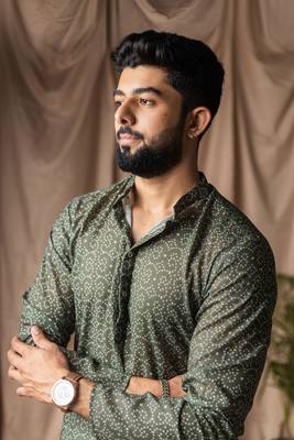 Mehandi green color blended linen printed stylish kurta payjama for mens' 3