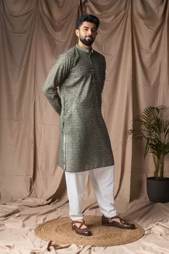 Mehandi green color blended linen printed stylish kurta payjama for mens'