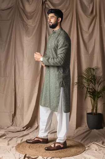 Mehandi green color blended linen printed stylish kurta payjama for mens'