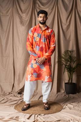 Orange color blended linen printed stylish kurta payjama for mens' 1