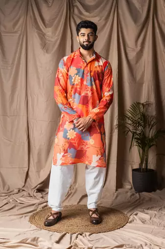 Orange color blended linen designer printed stylish kurta payjama for mens'
