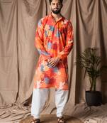 Orange color blended linen designer printed stylish kurta payjama for mens'