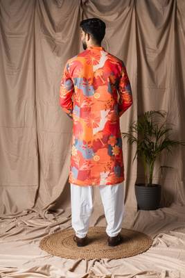 Orange color blended linen printed stylish kurta payjama for mens' 2