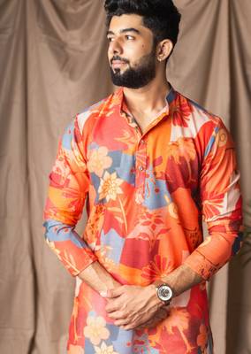 Orange color blended linen printed stylish kurta payjama for mens' 3