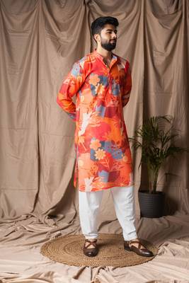 Orange color blended linen printed stylish kurta payjama for mens' 4
