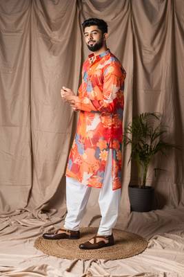 Orange color blended linen printed stylish kurta payjama for mens' 5