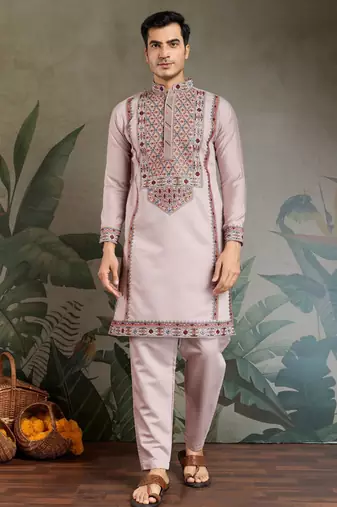 Dusty pink color viscose silk fabric designer embroidered kurta for mens