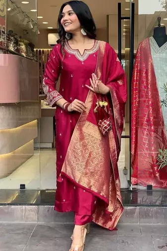Beautiful Embroidery Viscose Chanderi Fabric Straight Kurta Pant with Dupatta Set