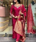 Beautiful Embroidery Viscose Chanderi Fabric Straight Kurta Pant with Dupatta Set