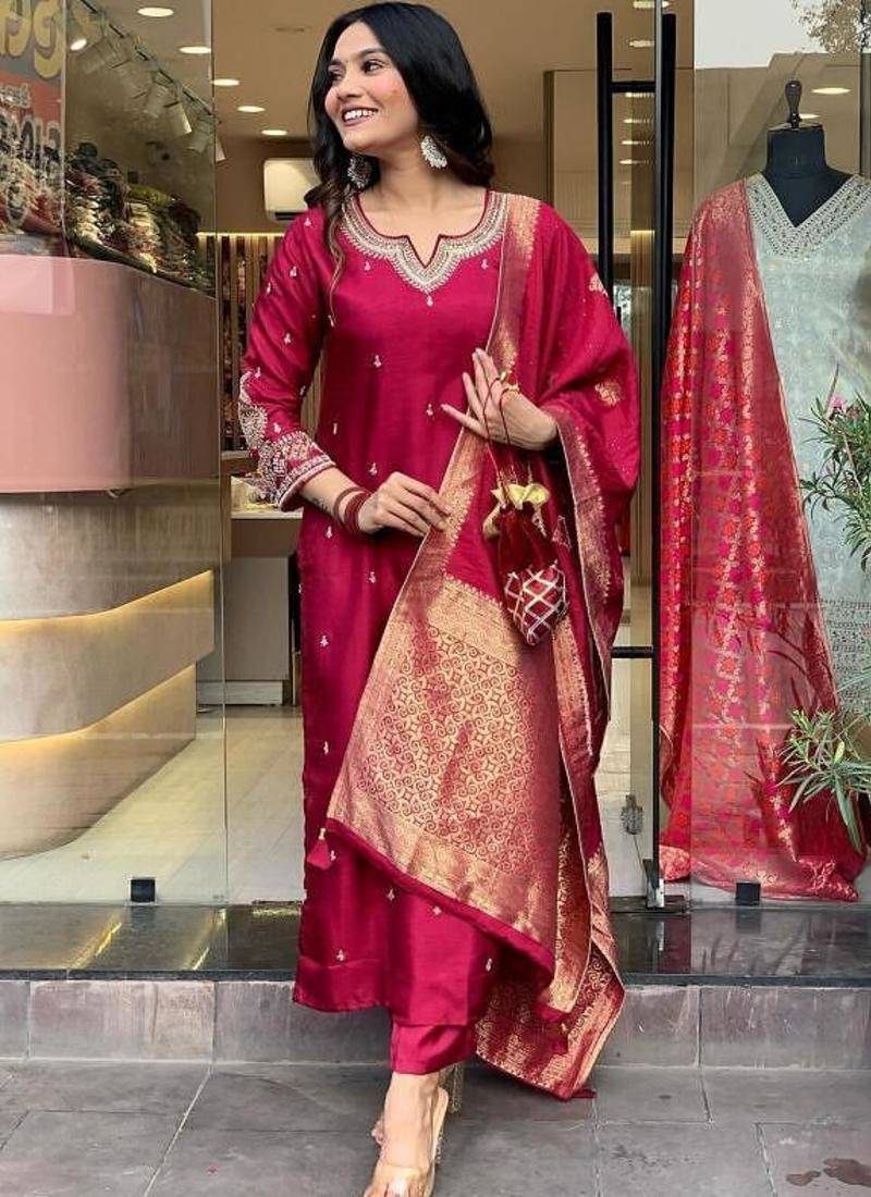 Beautiful Embroidery Viscose Chanderi Fabric Straight Kurta Pant with Dupatta Set