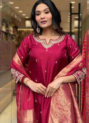 Beautiful Embroidery Viscose Chanderi Straight Kurta Pant with Dupatta Set 2