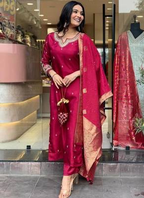Beautiful Embroidery Viscose Chanderi Straight Kurta Pant with Dupatta Set 3