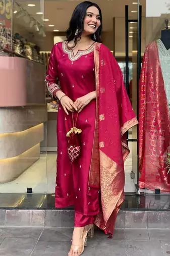 Beautiful Embroidery Viscose Chanderi Straight Kurta Pant with Dupatta Set