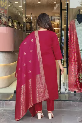 Beautiful Embroidery Viscose Chanderi Straight Kurta Pant with Dupatta Set