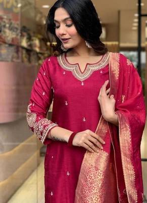 Beautiful Embroidery Viscose Chanderi Straight Kurta Pant with Dupatta Set 5
