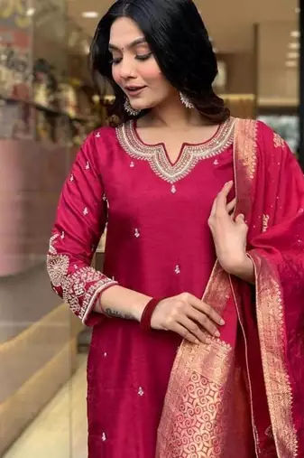Beautiful Embroidery Viscose Chanderi Straight Kurta Pant with Dupatta Set
