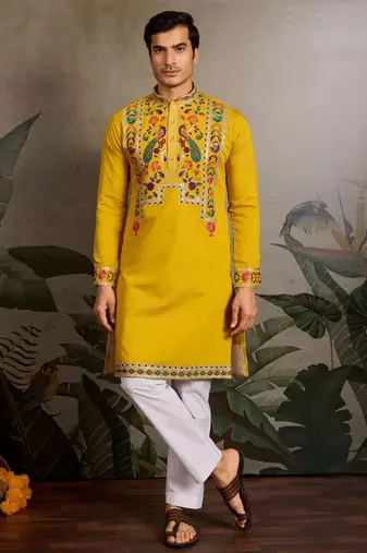 Yellow color beautiful visccose silk festive special kurta for men's