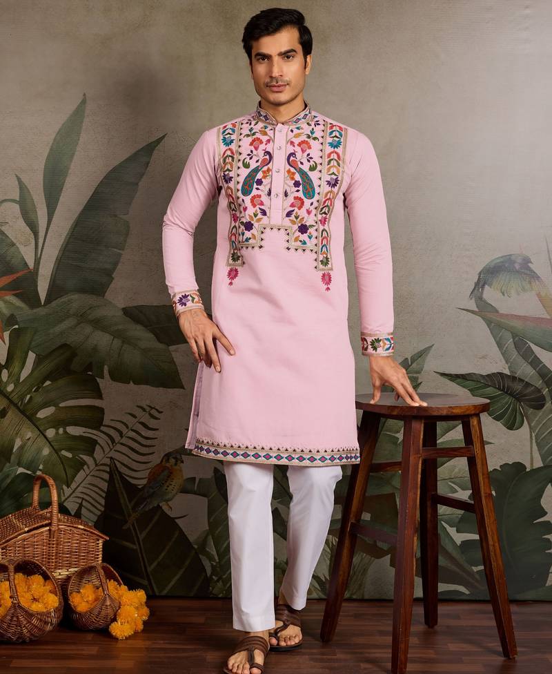 Pink color beautiful visccose silk festive special kurta for men's