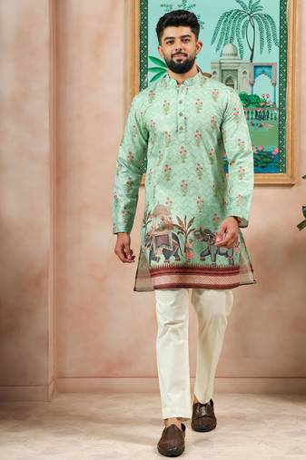 Pista color beautiful blended cotton fabric ceremonial kurta pjyama