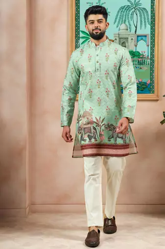 Pista color beautiful blended cotton fabric ceremonial kurta pjyama