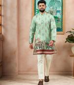 Pista color beautiful blended cotton fabric ceremonial kurta pjyama