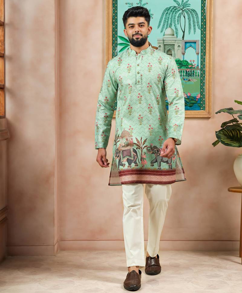 Pista color beautiful blended cotton fabric ceremonial kurta pjyama