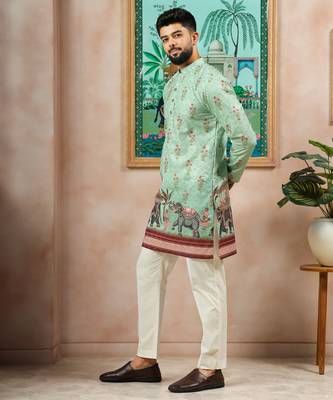 Pista color beautiful blended cotton fabric ceremonial kurta pjyama 5
