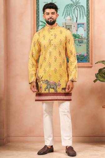 Yellow color beautiful blended cotton fabric ceremonial kurta pjyama